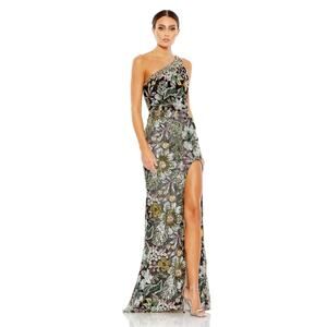 Mac Duggal One-Shoulder Floral Sequin Maxi Gown in Black, Green and Gold